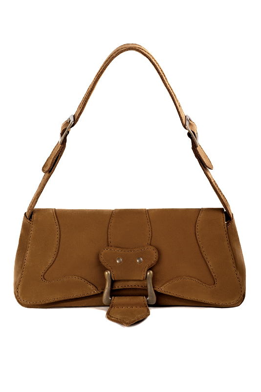 Caramel brown women's dress handbag, matching pumps and belts. Top view - Florence KOOIJMAN